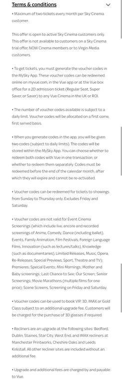 2 Free Vue Cinema tickets every month via MySky App - for Sky Cinema customers only -Sunday to Thursday only (Excls Friday & Saturday)