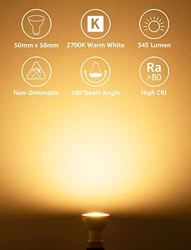 Lepro GU10 LED Bulbs, Warm White 2700K, 4W 345lm, 50W, Non-dimmable, 100° Beam angle, 10-pack- £12.74 Sold By Lepro and Fulfilled by Amazon