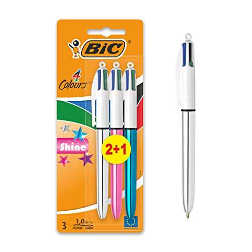 BIC 4 Colours Shine, Multi-coloured Ballpoint Pens, Medium Point (1.0mm) Pack of 3 £2.25 @ Amazon