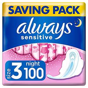 Always Sensitive Ultra Night Sanitary Towels with Wings, Size 3, 100 Towels (10 x 10 Packs) £9.50 @ Amazon