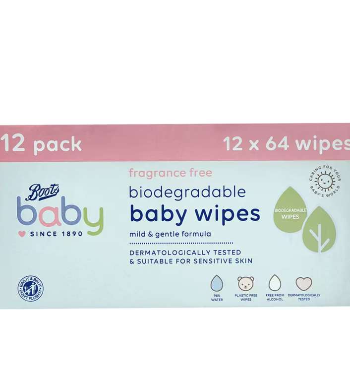 Boots Baby Fragrance Free Biodegradable soft baby wipes, 64x12 pack = 768 wipes £8 + £1.50 Collection @ Boots