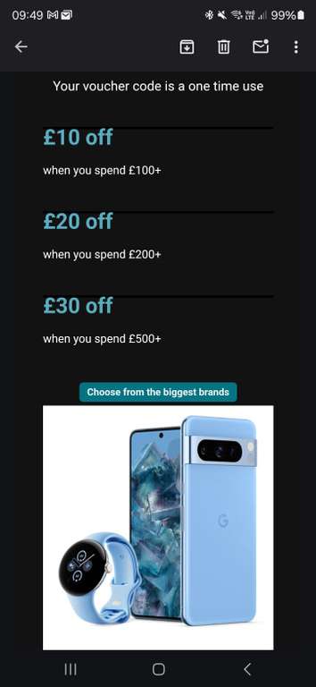 £10 Off £100+ Spend / £20 Off £200 / £30 Off £500 Via Emailed Voucher Code (Selected Accounts)