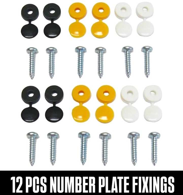 12 x Number Plate Car Fixing Fitting Kit Screws & Caps, Hinged, Black Yellow White - w/Code, Sold by STM STYLING