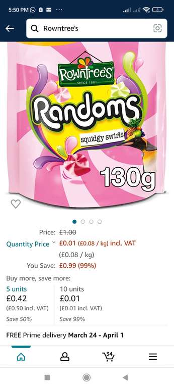 Rowntree's Randoms Squidgy Swirl Pouch, 130g (Amazon Buisness Accounts Only): 10 Packets (1p per pack) 10p @ Amazon