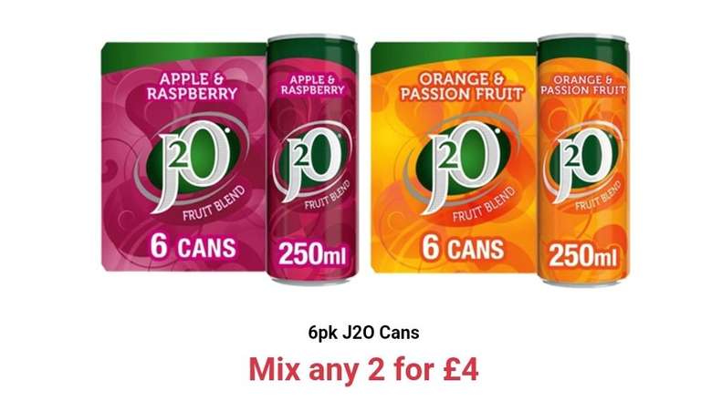 J2O Cans - Apple & Raspberry or Orange & Passion Fruit 6 pack - Mix any 2 for £4 (12 Cans for £4) @ FarmFoods