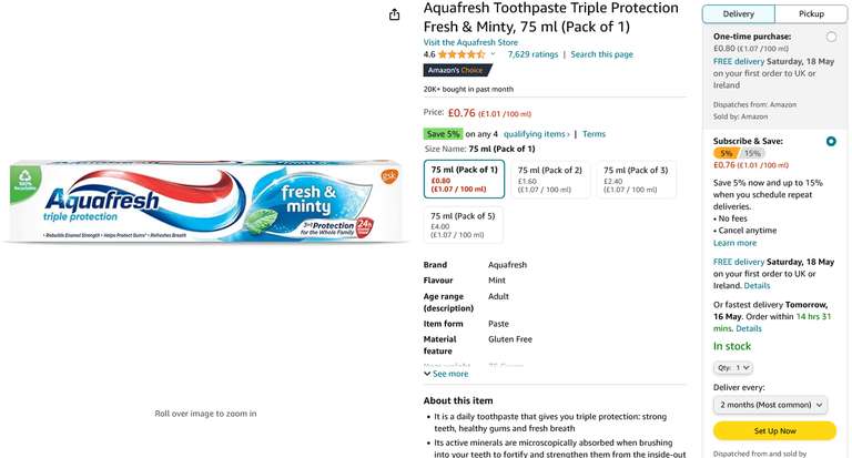Aquafresh Toothpaste Triple Protection Fresh & Minty, 75 ml (Pack of 1) (76p/68p with Subscribe & Save)