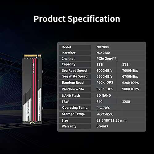 Netac NV7000 1TB M.2 NVMe SSD PCIe Gen4, Speeds up to 7000MB/s (SLC Caching, Aluminum Heatsink) w/voucher - Netac Official Store