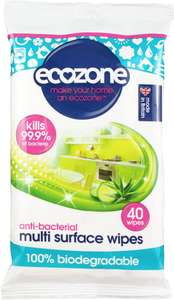 EcoZone Anti-Bacterial Multi-Surface Wipes, Biodegradable Moist Wet Anti Bac Disposable Cleaning Cloths (40 Pack) £1.50 / £1.35 S&S @ Amazon