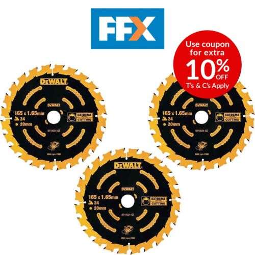 DeWalt DT10624 -QZ 3pc 165mm 24T 20mm Extreme Cordless Circular Saw Blade 3Pk With Code By Folke Stone Fixings
