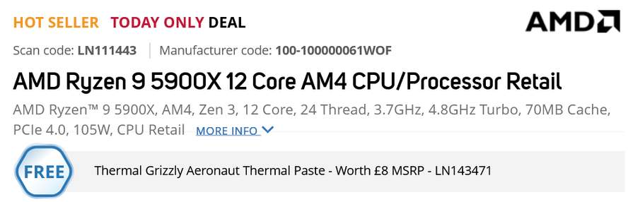 AMD Ryzen 9 5900X CPU Processor AM4 6 Core 24 Thread 3.7GHz 4.8GHz Turbo  105W