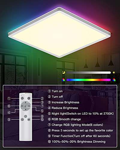 Ceiling Light, RGB LED Dimmable, 18W Ceiling Light, Square, Flush, 100W Equivalent, IP44 Waterproof for any room - £15.36 @ Amazon