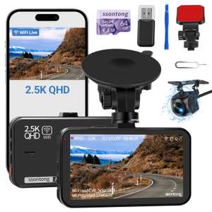 Dash Cam Front and Rear, Dashcam WiFi/APP Control - W/ 64GB Card, 2.5K Dash Cam Front + 1080P Rear - W/ Voucher & code sold by ssontong FBA