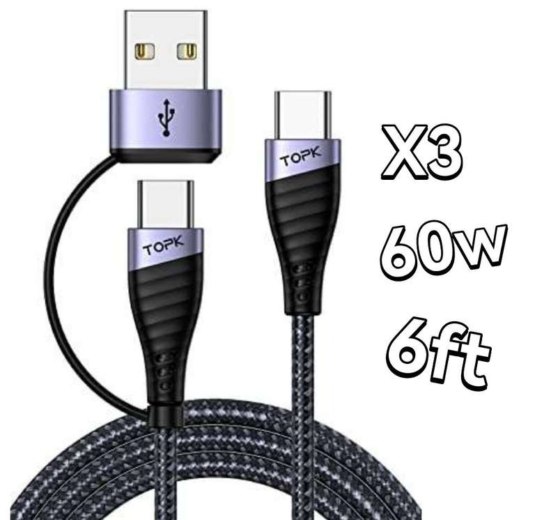 TOPK USB A/USB C to USB C Charger Cable 2 in 1, [60W 6ft 3-Pack] USB-C to USB-C - £5.49 @ TOPKDirect / Amazon