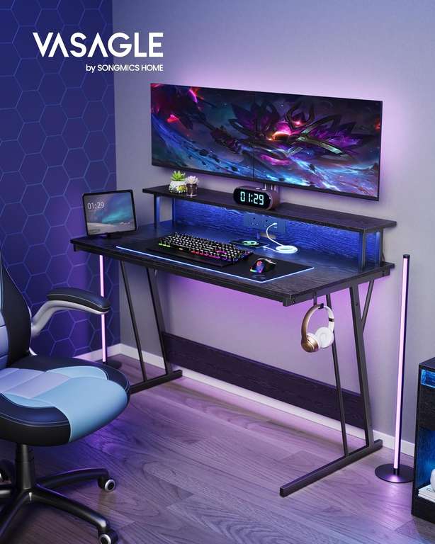 Vasagle Steel Framed Gaming Desk with Built-In Charging Station & LED Lights W/Code