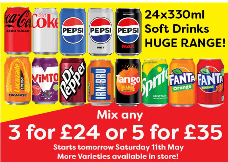 5x 24 packs Coke Zero/Diet Coke/Tango etc. 330ml (Possibly £32.50 with voucher)