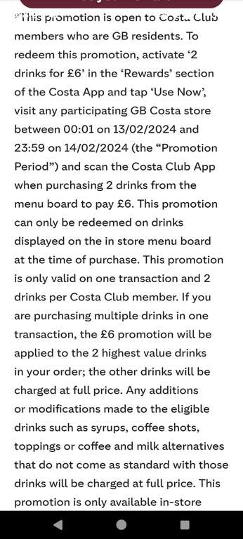 2 drinks for £6 for Costa Club Members (selected drinks)