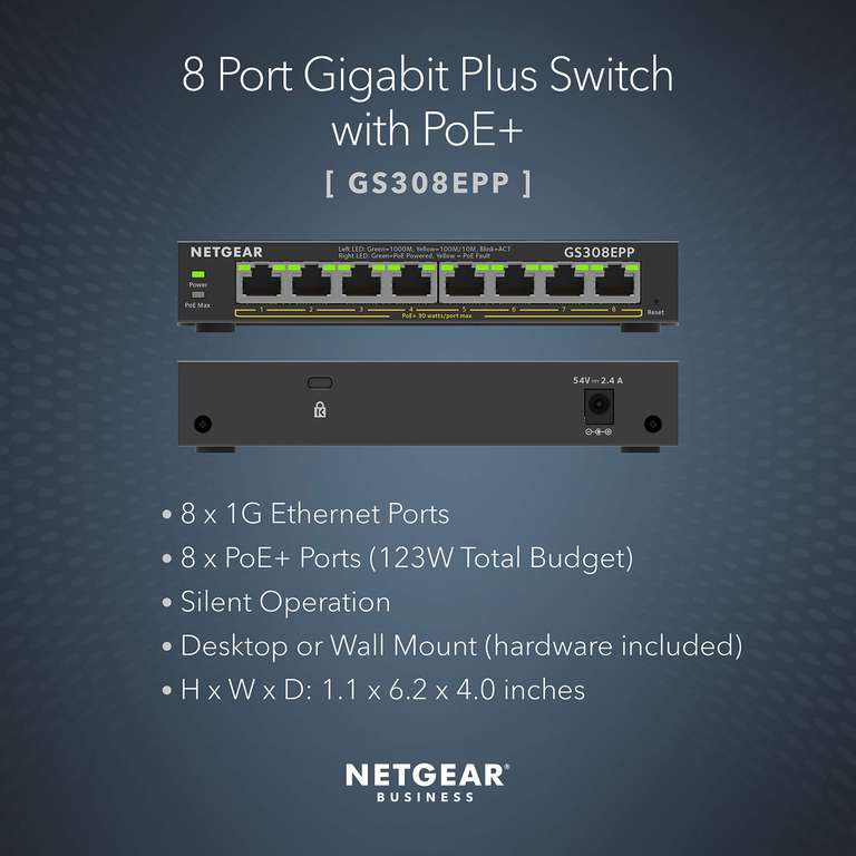 NETGEAR PoE Switch 8 Port Gigabit Ethernet Plus Network Switch (GS308EPP)
