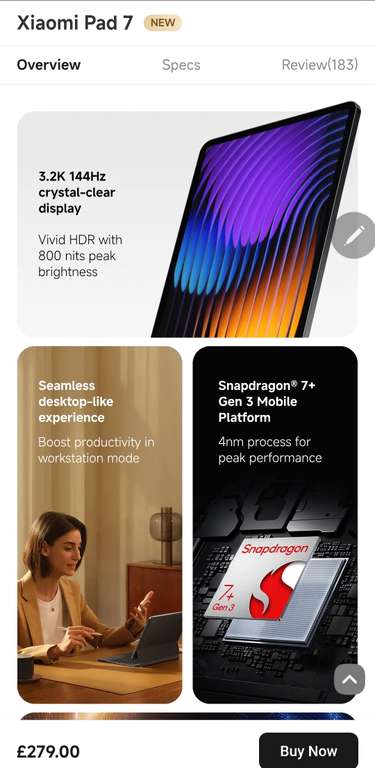 Xiaomi Pad 7 Tablet 11.2" - 8Go/256Go, écran 3.2K 144Hz, Snapdragon 7+ Gen 3, Batterie 8850mAh, Vert