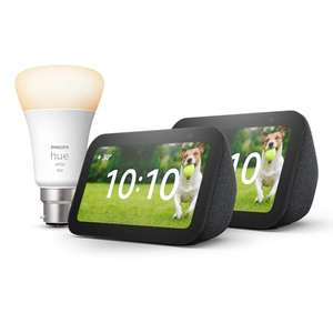 Echo Show 5 (3rd generation) | Charcoal, 2-pack + Philips Hue White Smart Light Bulb LED (B22), Works with Alexa - Smart Home Starter Kit