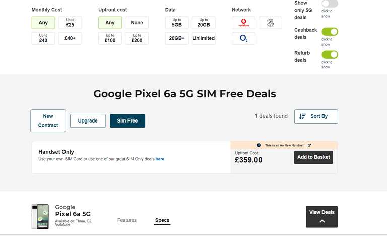 Google Pixel 6a 5G SIM Free Deals - Refurbished £359 @ Mobile Phones Direct