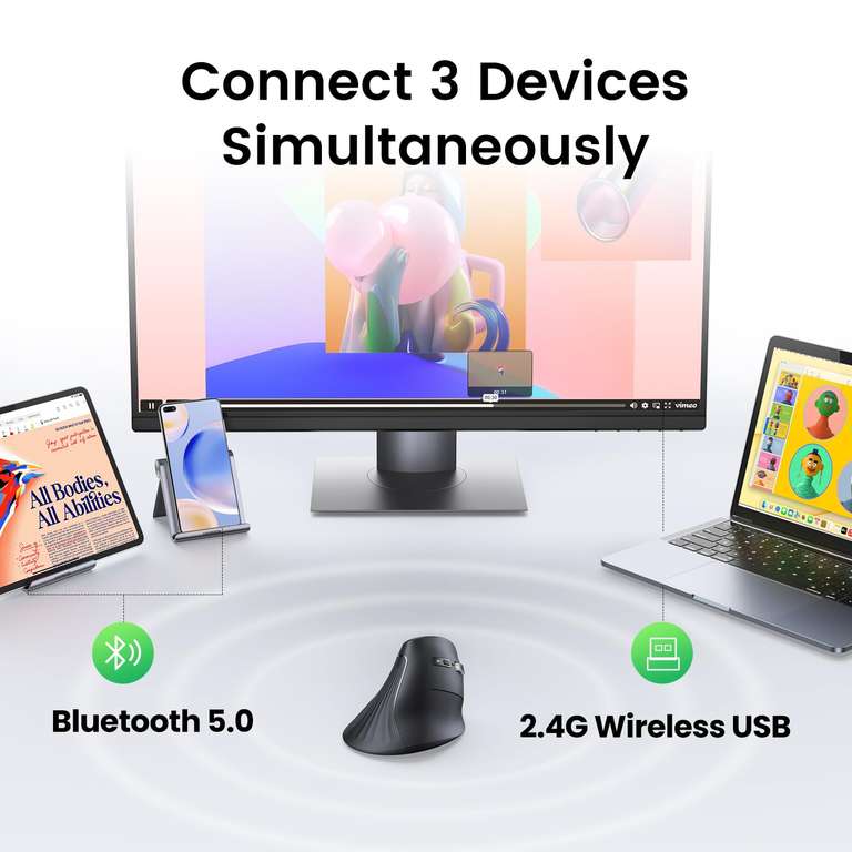 Ugreen Ergonomic Vertical Bluetooth / 2.4GHz Wireless Mouse - Connects Up to 3 Mac/PCs At Once - Sold By Ugreen Group Limited UK