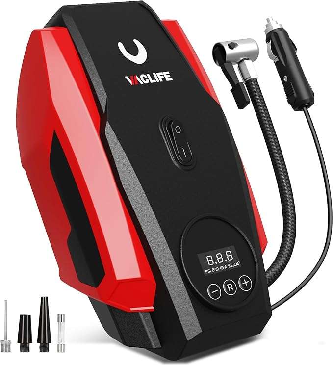VacLife Car Tyre Inflator Air Compressor - 12V DC Compact with Auto Shutoff Function/LED - Blue or Red - W/voucher by VacLife-UK FBA