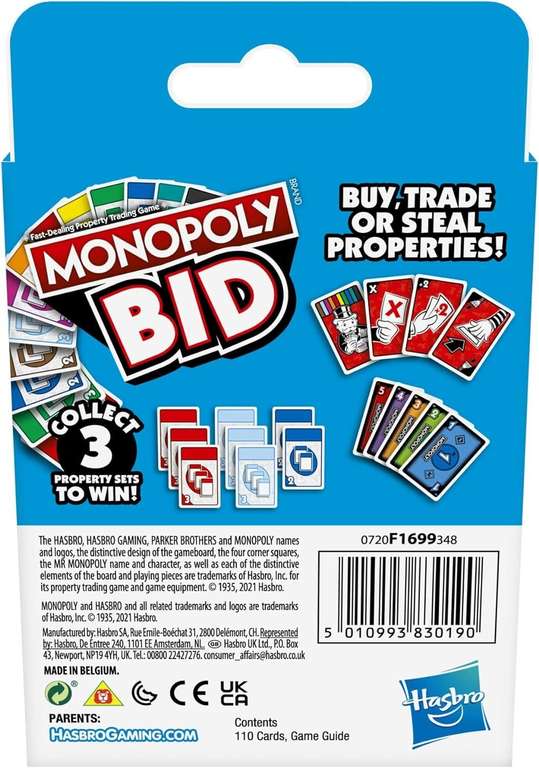 Monopoly Bid Game, Quick-Playing Card Game For 4 Players, Game For Families And Kids Ages 7 And Up