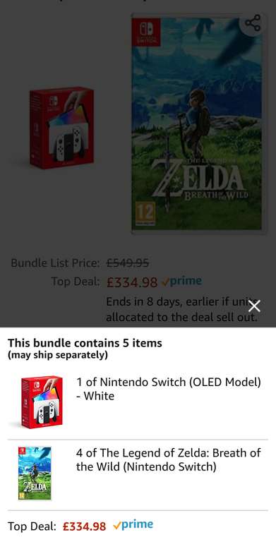 Nintendo Switch Oled + 4 Copies of The Legend of Zelda: Breath of the Wild £334.98 @ Amazon