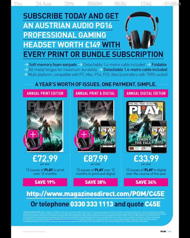 Subscribe to Play Magazine Print or Bundle Edition - get Free Austrian Gaming Headset worth £149