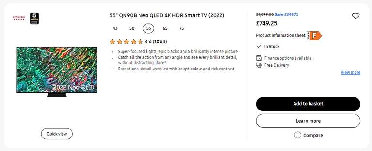 Samsung QE55QN90B (2022) Neo QLED HDR 4K Ultra HD TV 55 Inch - £749.25 @ Samsung EPP