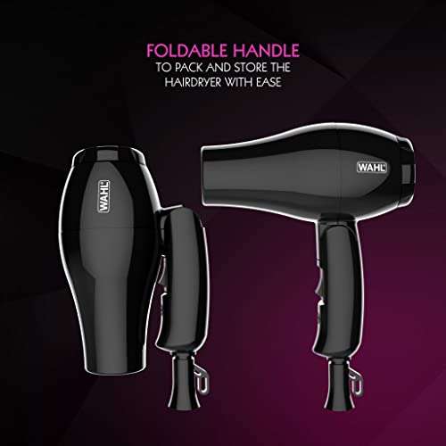 Wahl Travel Hair Dryer, Hair Dryer with Attachments, Dryer for Travelling, Compact Hairdryer, Foldable Travel Dryer, Two Heat Settings