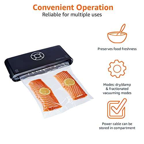 Amazon Basics Vacuum Sealer Machine for Sous Vide Cooking, 30cm Seam with 10 Bags for Preserving Meat, Fish, Fruits, and Vegetables, Black