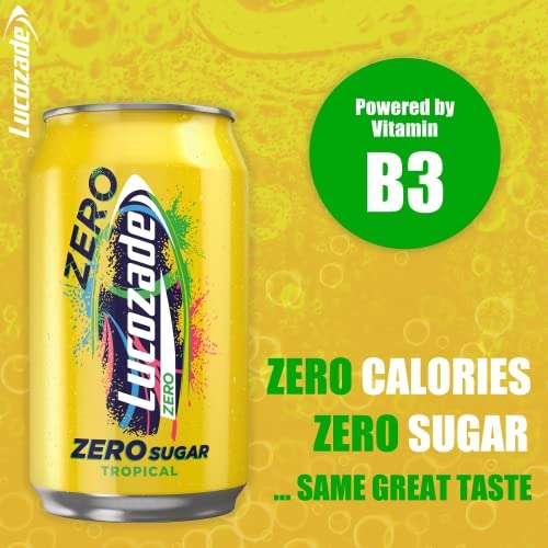 Lucozade Zero Fizzy Drink, Energy Sports drink - Tropical Flavour, Sugar Free, Low Calorie, 6 Pack, 330ml Cans