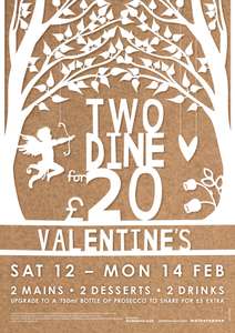 Two dine for £20 for Valentines Day (12-14 February) @ Wetherspoons