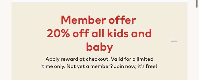 20% off all kids and baby for members