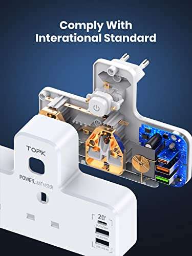 TOPK 5 IN 1 Multi Plug Extension EU to UK Travel Adapter With 2 USB Ports & 1 USB-C Port (PD 3.0 and QC 3.0) £10.19 @ Amazon / TOPKDirect