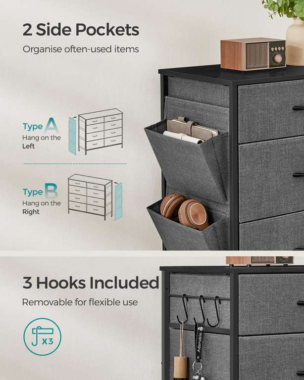 SONGMICS Chest of Drawers for Bedroom, 6 Fabric Drawers with Side Pockets, Drawer Dividers, Storage Organiser Unit 35 x 107 x 71.8 cm