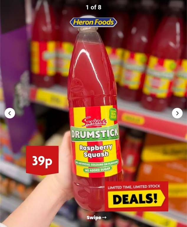 Swizzels Drumstick Raspberry Cordial 1L at £0.39 at Heron Foods ...