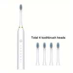 Ultrasonic Electric Toothbrush, Rechargeable USB, Waterproof with 4 brush heads in White - ARKIN