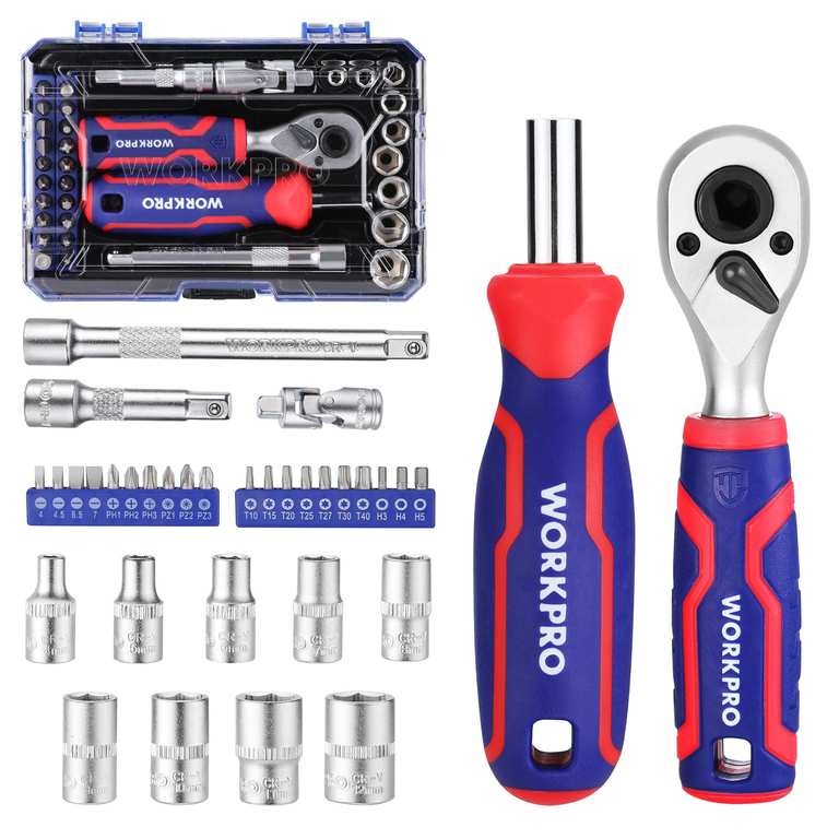 WORKPRO 34-Piece 1/4" Socket Wrench Set, Ratchet Set with Box