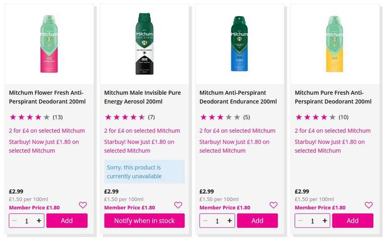 Mitchum Anti-Perspirant Deodorant 200ml Mens & Womens (12 Options/Scents) Members Price + Free Click & Collect