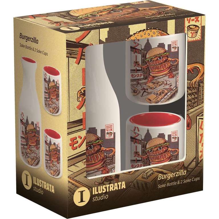 Pyramid International Ilustrata Sake Drinking Set (Burgerzilla Design) in Presentation Gift Box - Official Merchandise