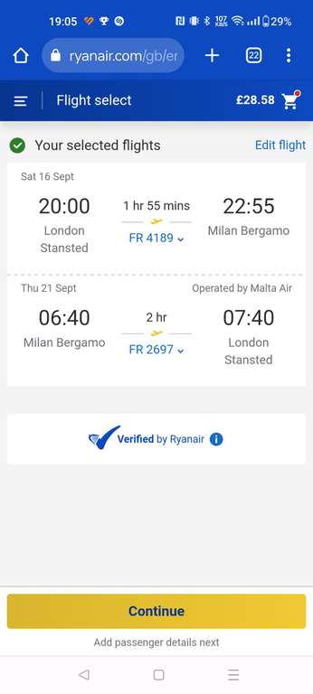 Flights to Milan 16-21 September from Stansted - hand luggage only