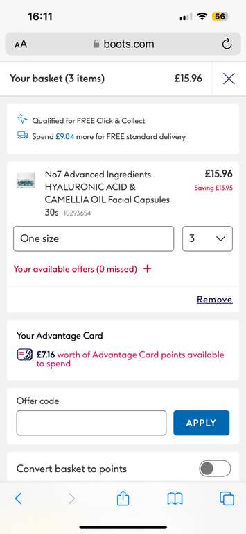 3 x No7 Advanced Ingredients Hyaluronic Acid & Camellia Oil Facial Capsules 30s - 3 for 2 + 20% off for advantage card holders + Free C&C
