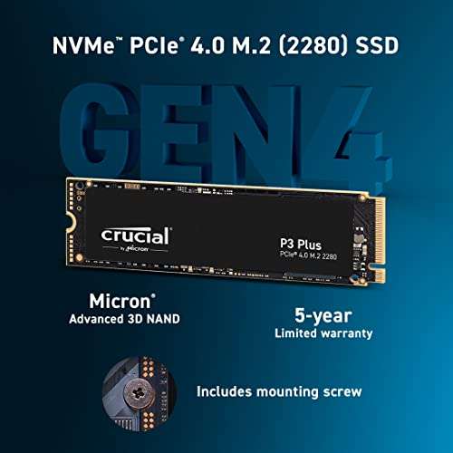 Crucial P3 Plus 4TB M.2 PCIe Gen4 NVMe Internal SSD - Up to 4800MB/s - CT4000P3PSSD8 - £242.57 @ Amazon