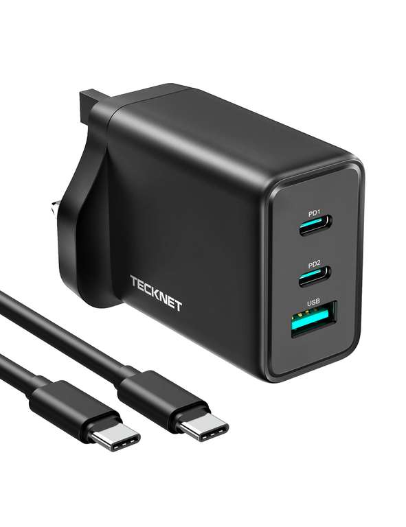 TECKNET USB C Charger 65W PD 3.0 GaN Charger Type C Foldable Adapter with  3-Port