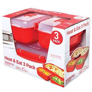 Sistema Heat & Eat Microwave Containers | Stackable Lunch Boxes with Clip-Close Lids | Red/Clear | Pack of 3