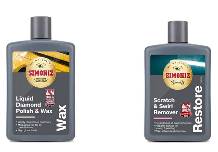 SIMONIZ Scratch and Swirl Remover 475ml - £2.75 / SIMONIZ Liquid Diamond Polish and Wax, 475ml - £3.25 - Clubcard price