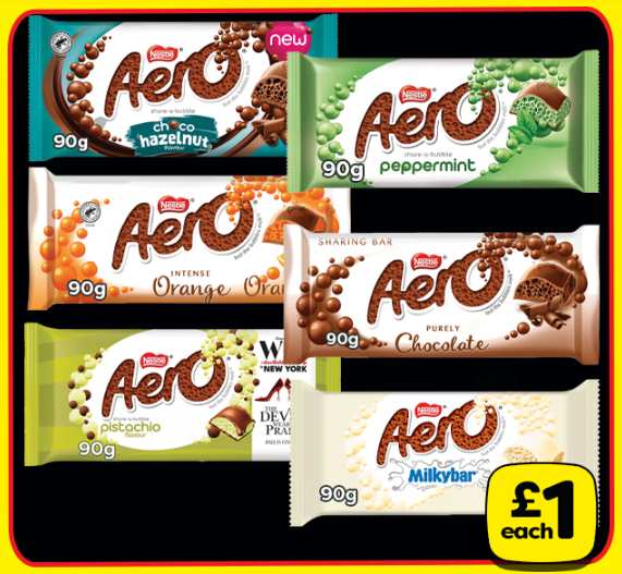 Aero Various Flavours 90g (Choco Hazelnut/Intense Orange/Pistachio / Peppermint/ Purely Chocolate/ Milkybar)