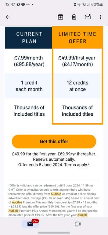 Audible Premium Plus annual membership (equivalent to £4.17 per month) for existing customers